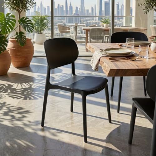 MARCOLO Como Chair, Modern Minimal Plastic Dining Chair, Ergonomic Curved Backrest, Lightweight & Durable Indoor/Outdoor Chair for Kitchen, Dining Room, Café & Patio (Black)