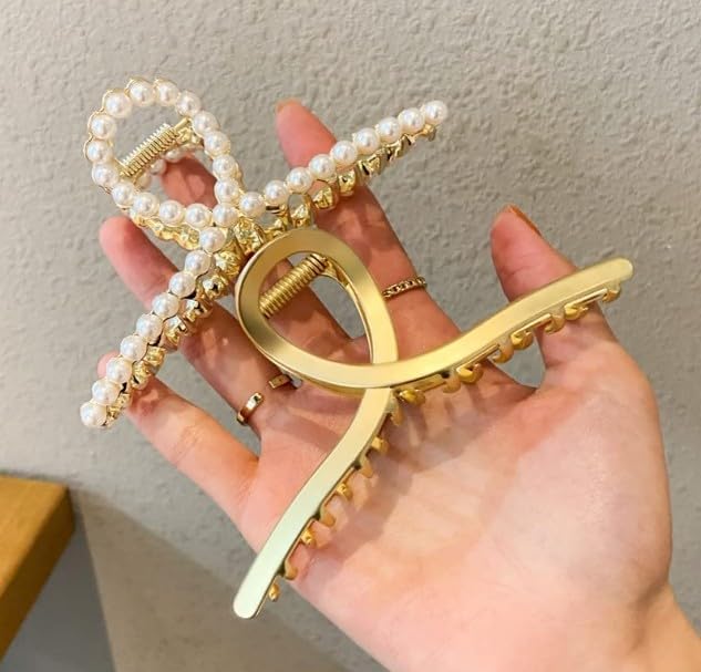 2 Pcs Matte Pearl Gold Large Metal Hair Claw Clips for Women with Pearls - Non-Slip, Thick Hair, Shining Strong Crab Claws Cross Hair Barrettes