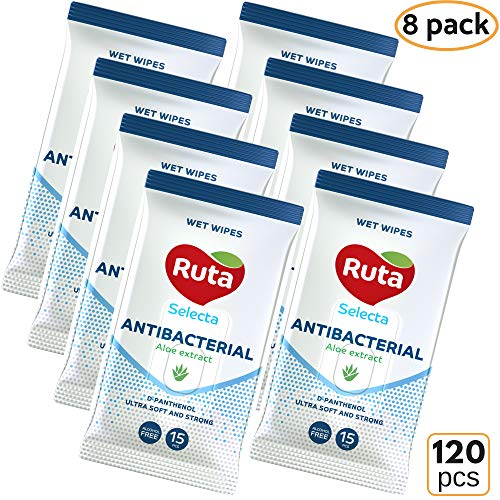 Wet Antibacterial Wipes - Sanitizer Disinfecting Wipe for Hands & Face - Moisturizing Aloe Extract - Clean Refreshing Scent - Travel Size Ultra Soft & Strong - 15 Count Travel (Pack of 8)