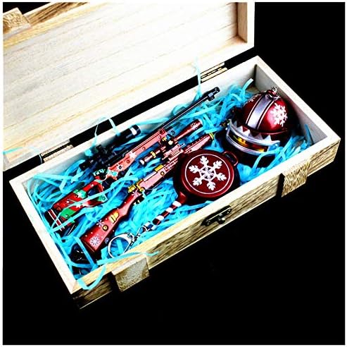QWEYA PUBG Airdrop Keychain Alloy Model Keychain Pendant Mini Weapon Model Figure Arts Toys Eat Chicken Battlegrounds Gift Accessories(Wooden Box Suit)