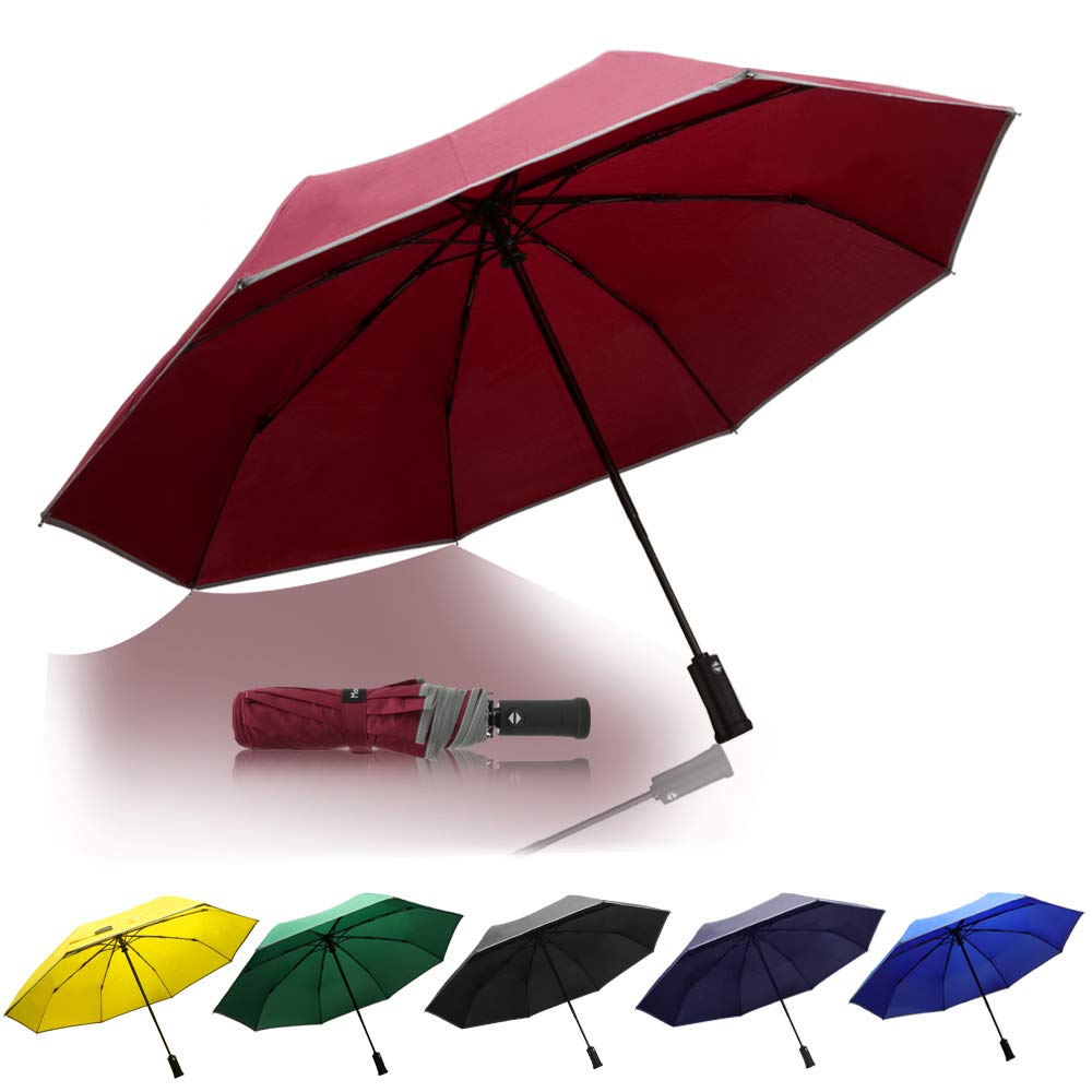 Monstleo LED Flashlight Umbrella, Compact Travel Umbrella,Fully-Automatic Folding Umbrella with Rotating Led Lighting Handle (Wine Red)