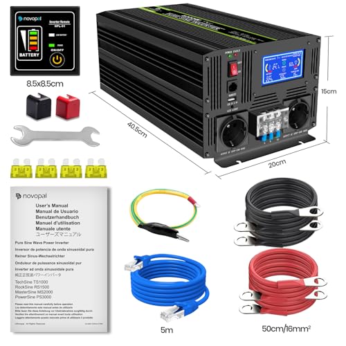 NOVOPAL Pure Sine Converter 5000W 10000W Inverter 24V 220V | 5 m Remote Control with Error Codes, 2 EU Sockets, LCD Screen, for Car, Caravan, Boat, Camping, Travel