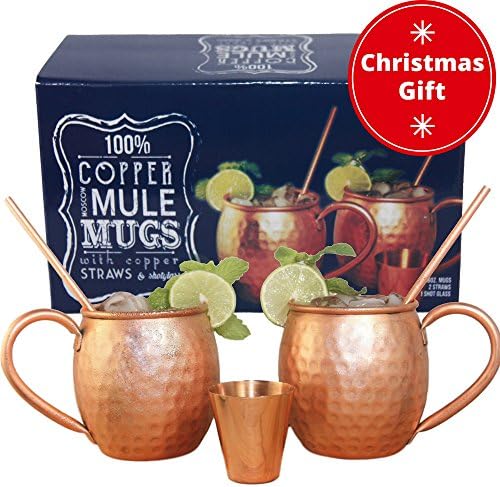 Copper mugs- Moscow Mule Set, 100% Solid Copper-Unique Unlined, Large Welded Handle, Handmade, Hammered Vintage Style Designer Gift Set of 2xMugs, 2xStraws &amp; Shotglass. 160z-Keeps Drinks Colder Longer