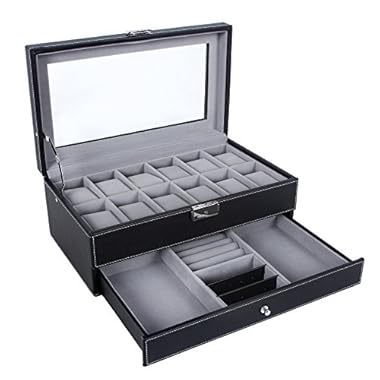 SONGMICS 12 Slots Watch Box Mens Watch Organizer Lockable Jewelry Display Case with Real Glass Top Black Faux Leather UJWB012
