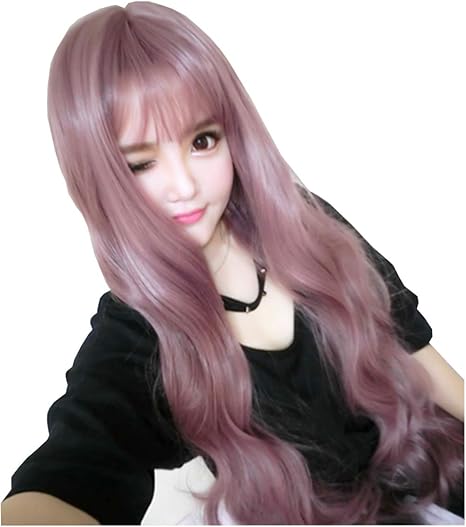 Amazon Co Jp Amt ウィッグ ロング フルウィッグ 耐熱 ふわふわ カール 巻き髪 レディース 自然 ナチュラル ネット付き アッシュピンクパープル 服 ファッション小物