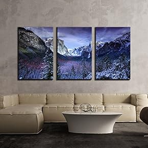 3 Piece Canvas Wall Art - Winter Landscape with Mountain and Trees - Modern Home Art Stretched and Framed Ready to Hang - 16"x24"x3 Panels