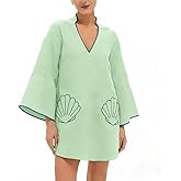VAOYIU Women's Loose Fit V-Neck Shell Embroidery Mini Dress Casual 3/4 Sleeves Babydoll Skirts Summer Beach Cover Up