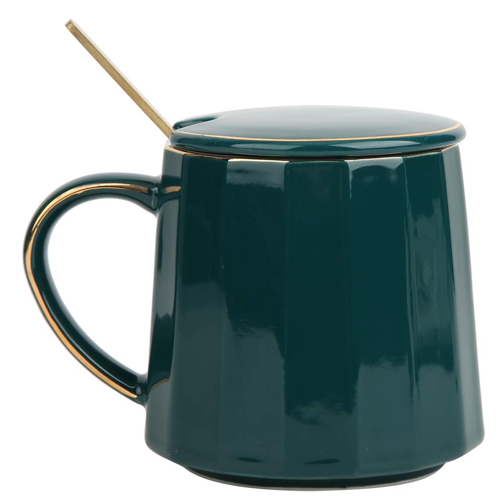 Retro Dark Green Ceramic Coffee Cup with Lid and Spoon for Home ,Office or Birthday