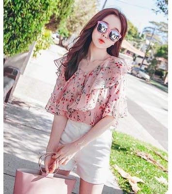 Amazon トップス シャツ ブラウス 五分袖 シフォン 花柄 フリル 5分袖 ボタニカル柄 小花柄 レディース M ホワイト 並行輸入品 シャツ ブラウス 通販