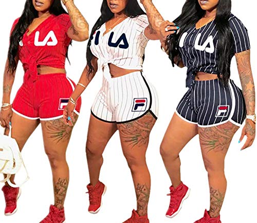 Verchirs Womens Sexy 2 Piece Sports Outfit Set Letter Print Tie Front Crop Top High Waisted Short Pants Tracksuit