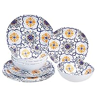 Amazon Basics 12-Piece Melamine Dinnerware Set - Service for 4, Traditional Blue & Yellow