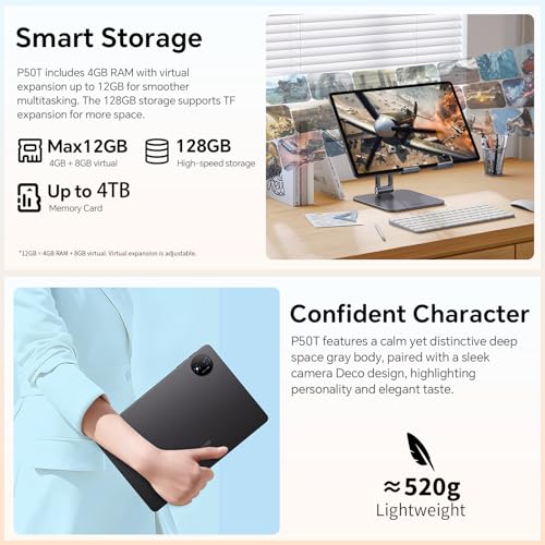 TECLAST P50T Tablet 11 Inch Android 16 Tablet 90Hz, 2GHz Octa-Core CPU, Gemini AI, 12GB RAM+128GB ROM(TF 5TB), 7000mAh, 5G WiFi, Widevine L1, GPS, 13MP+5MP/3.5MM/BT5/OTG, Tablets with Pencil, 2026