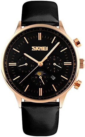 TONSHEN Mens Luxury Analog Quartz Watch Stainless Steel Case with Comfortable PU Leather Strap Business Watch Independence Small Dial Calendar Window Phases of the Moon - Black