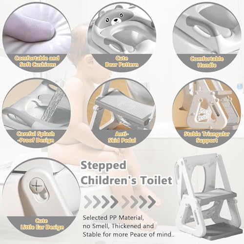 ZERIFAM Potty Training Seat 2 in 1, Children's Toilet Seat with Steps, Ultimate Stability Toddler Toilet Seat, Foldable Adjustable, For Kids Boys Girls Toddlers Potty Chair with PVC Cushion (Grey)