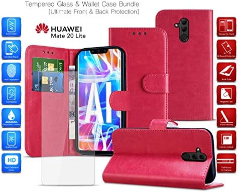 MobiBax Tempered Glass Screen Protector and Wallet Phone Case for Huawei Nova 3i (2018) INE-LX2 - Fingerprint Sensor Scanner, Card Slots and Magnetic Closure Tab Features in HOT PINK