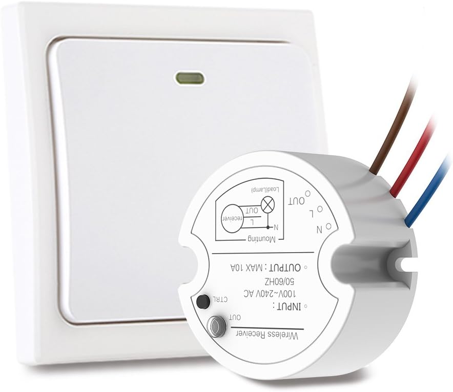HIYILL WS2/R16 Wireless Light Switch Kit,Remote On Off Wall Switch,RF Wireless Controller,No Wiring No Batteries Required Self-power Easy Installation (Remote and Receiver)