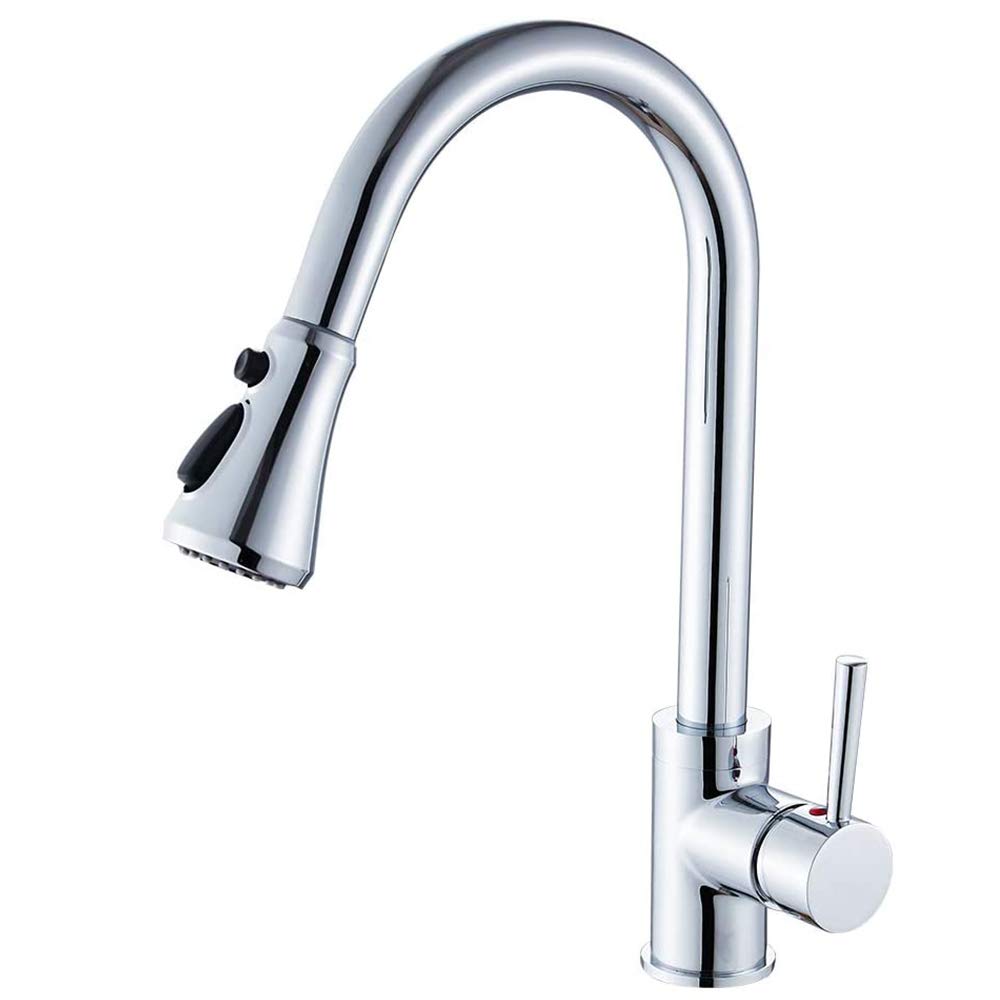 Heable Chrome Kitchen Sink Mixer Tap with Pull Down Sprayer, Single Handle High Arc Pull Out Tap, Solid Brass Faucet with UK Standard Fittings (3-Function)
