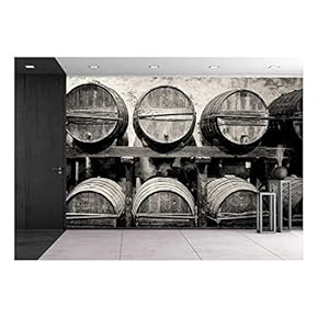 Barrels Stacked in The Winery in Black and White - Removable Wall Mural | Self-Adhesive Large Wallpaper - 66x96 inches