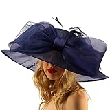 Passionate Sinamay Organza Big Ribbon Derby Floppy Wide Brim 7" Dress Hat Navy