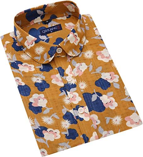 QIHUANG Cotton Cloud Printing Pastoral Partysu Style Women Shirt Short Sleeve Button Down Collared Blouses Dress (m, yellow)