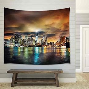 View of Manhattan at Sunset, New York City. - Fabric Wall Tapestry Home Decor - 51x60 inches