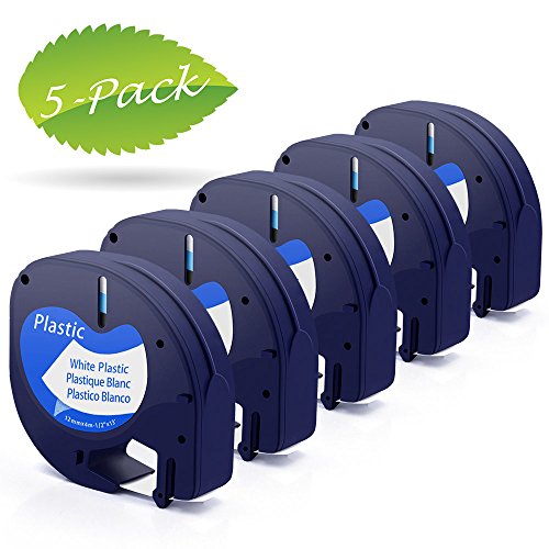 Replace Dymo LetraTag Refills White Plastic Tape(Dymo 91331, S0721660), Black on White, Compatible with Dymo LetraTag Plus LT100H LT100T QX50 XR, 1/2 Inch x 13 Feet(12mm x 4m), 5-Pack, by Markurlife