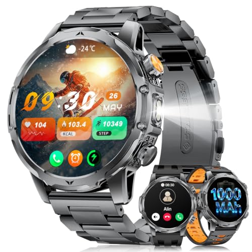LIGEMI Men's Smart Watch with 1000mAh/Flashlight, 1.53 Inch HD Military Smartwatch Man with Bluetooth Calls, Sleep Monitor, SpO2, IP68 Waterproof, 120+ Sports Modes for Android iOS