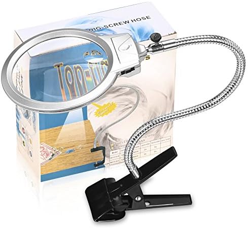 Illuminated Magnifying Lamp 2 X 5X Lens for Reading and Close Work &amp; Clip on Magnifier Glass with Light Folding Detachable Aluminum Handle 360° Adjustable