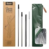 Sunlit All-in-One Eco-Friendly Reusable Straws with Carrying Case - 8.5"-10.5" Stainless Steel Smoothie Straws Long/Thick, Waterproof Pouch, Silicone Tips and Cleaning Brush- for 20-30oz Yeti Cup