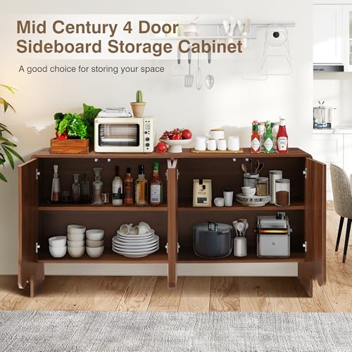 Sideboard Buffet Cabinet, Accent Storage Cabinets with 4 Doors, Farmhouse Wood Cabinet with Adjustable Shelves and Wave Panel for Living Room, Dining Room, Entry - Walnut