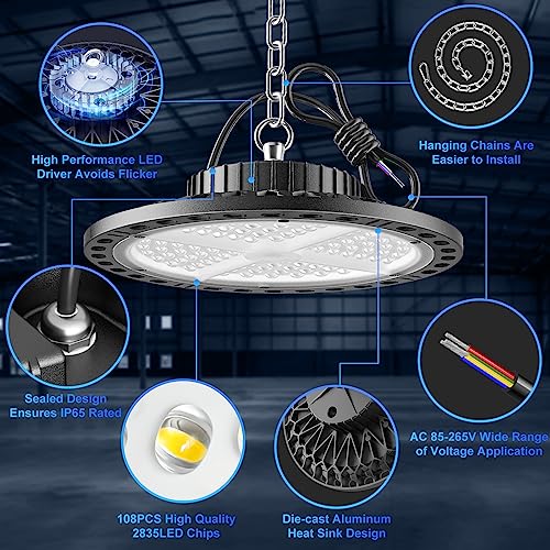 YIQIBRO 100W UFO LED Indoor Spotlight, 10000LM 7000K Cool White Garage Light, IP65 Waterproof LED Floodlight Indoor Industrial for Commercial Lighting 2 Pieces