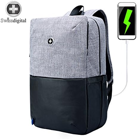 Laptop Backpack,Swissdigital Smart Business Backpacks for Travel with USB Charging Port and RFID for Man and Woman Fits Under 14-Inch Laptop and Notebook, Grey