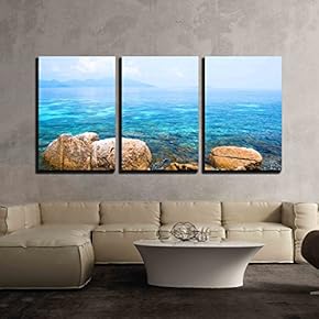 3 Piece Canvas Wall Art - Rocks, Sea and Blue Sky - Lipe Island Thailand - Modern Home Art Stretched and Framed Ready to Hang - 16"x24"x3 Panels