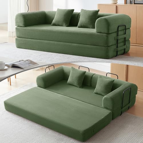 79" Convertible Futon Sofa Bed, Boneless Couch for Living Room (Green)