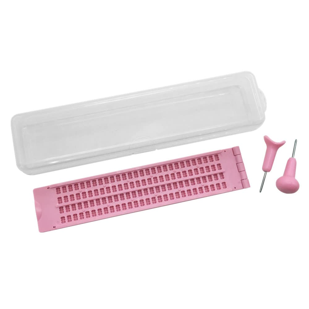Braille Writing Slate - 4 Lines 28 Cells, with 2 Pcs Stylus and Plastic Box, Pink