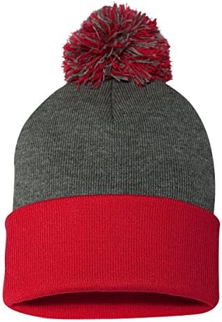 Sportsman - Pom-Pom 12" Knit Beanie - SP15 - Dark Heather Grey/ Red - One Size