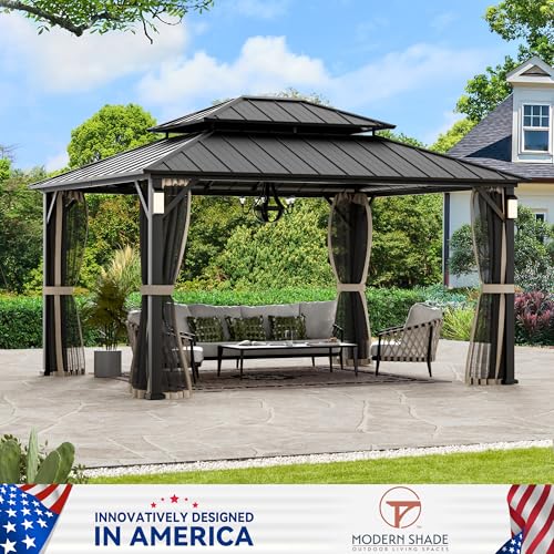 Modern Shade Hardtop Gazebo 12x14 with 4 LED Lights for Backyard, Black image 26