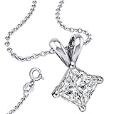 Silver 925 Synthetic Birthstone 2 Carat Square Princess Nekclace with Pendant and 18 inch Rolo Chain