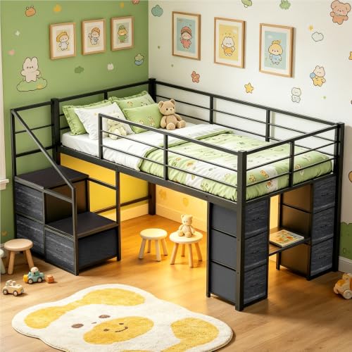Twin Size Low Loft Bed, Black Metal Kids Bed with Staircase, 9