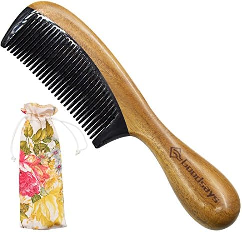 Goodsays Wood Hair Comb for Women - Green Sandalwood Handmade with Natural Buffalo Horn Fine Teeth - No Static Wooden Detangling Combs with Natural Aroma - Free Gift Box (Buffalo Horn Fine Teeth)