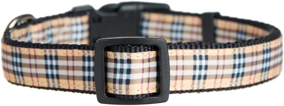 YUDOTE Adjustable Black Nylon Dog Collars Medium with Tartan Plaid Begie Ribbon for Dogs Neck 31-49cm - Image 5