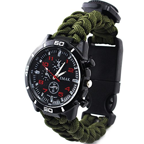 OSOPOLA Survival Paracord Bracelet Life Saving Tools Pope Waterproof Luminous Watch Whistle Emergency Knife Fire Starter Scraper Compass Thermograph Camping Hiking Diving