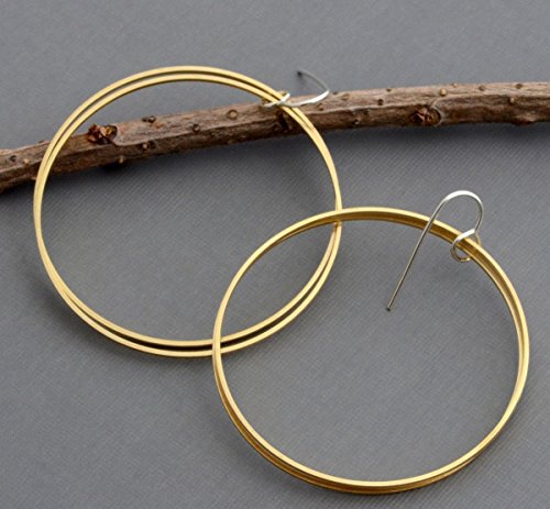 Large thin triple gold brass hoop dangle earrings lightweight 2 inch round hypoallergenic nickel free - Thumbnail 5