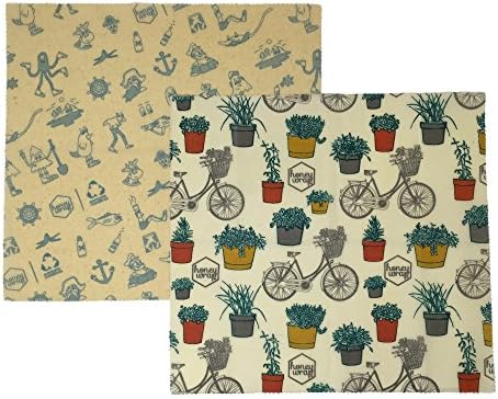 Beeswax Food Storage Wraps by Honeywrap, Reusable Eco Friendly Natural Alternative to Plastic - Made with 100% Organic Cotton and All Natural Ingredients – 2 Large (1 Limited Edition / 1 Happy Garden)