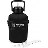Rage Against Microplastics Half Gallon Water Bottle – 64oz / 2.2L Leakproof Gym Jug with Handle, BPA-Free, Sleeve & Straw Bundle