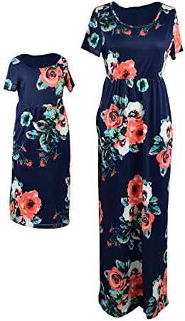 OMBabe Family Matching Outfits Mother Daughter Dresses Casual Floral Print Dress Short-Sleeve Boho Maxi Dress