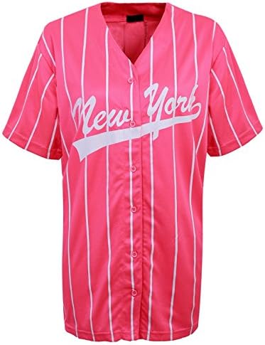 Envy Boutique Women's American Baseball New York Stripes Varsity Ny Jersey Top T-Shirt Neon Pink S/M