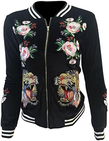Velvet Bomber Jacket Women Embroidered Sweatshirt Casual Coat Outerwear Jacket,XL