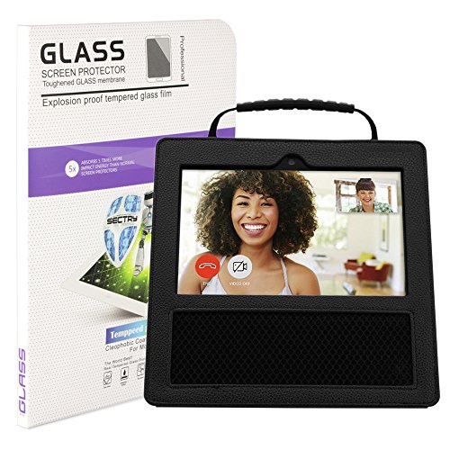 Click Here to See More Images AYUQI Premium PU Leather Case for Amazon Echo Show with Free 9H Tempered Glass Screen Protector Full Size Cover Protective Carrying Case with Handle (Black)