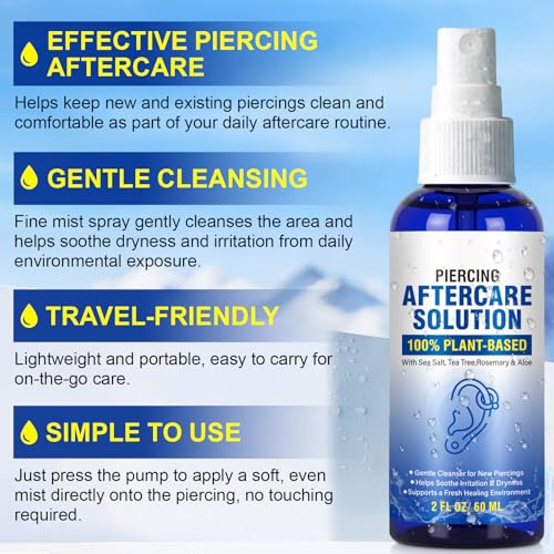 Piercing Aftercare Spray - Saline Solution Natural Keloid Bump Removal - Ear Piercing Cleaner Nose Septum Belly Button Cartilage - Seawater Disinfection Spray - Fine Mist 2 Fl Oz